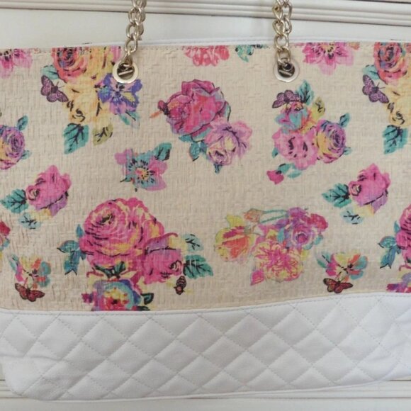 Betsey Johnson Sand Straw Floral/Roses Bag Purse Gold Chain Strap 12" x 14" - Picture 5 of 6